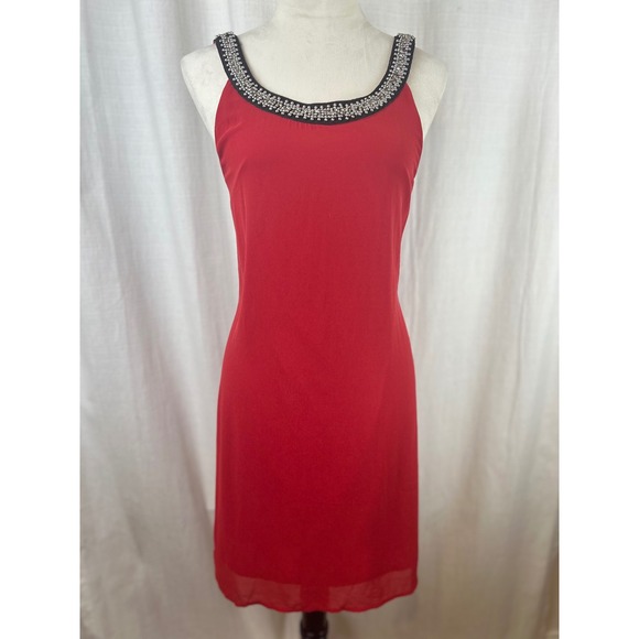Ya Los Angeles Red Embellished Neckline Sleeveless Sheath Dress Women's Size L